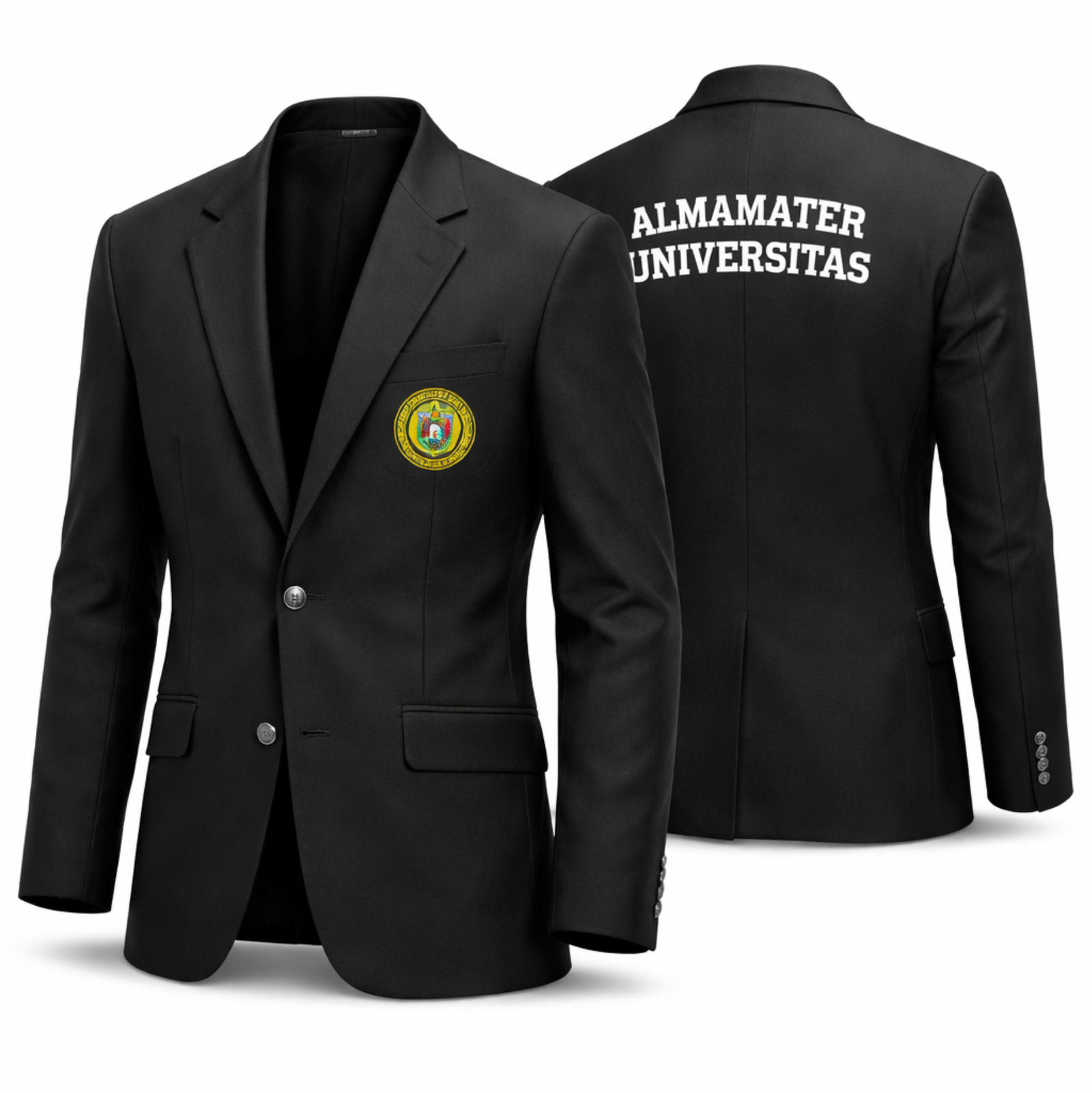 Konveksi jas almamater universitas warna hitam custom bordir logo depan belakang" atau "Vendor pembuatan blazer kampus premium gratis desain