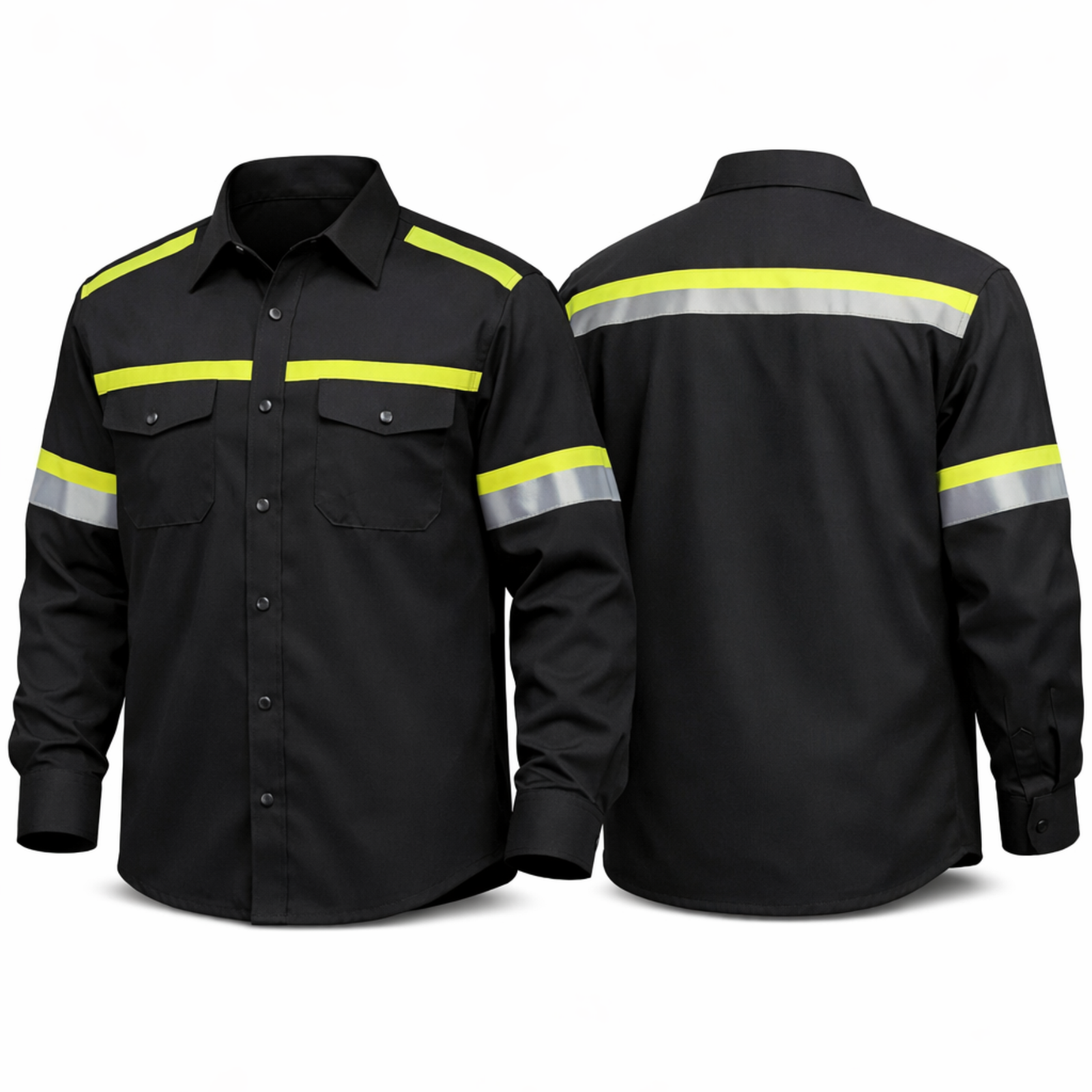 Konveksi kemeja safety hitam dengan scotlight hijau reflektor untuk seragam tambang dan proyek lapangan